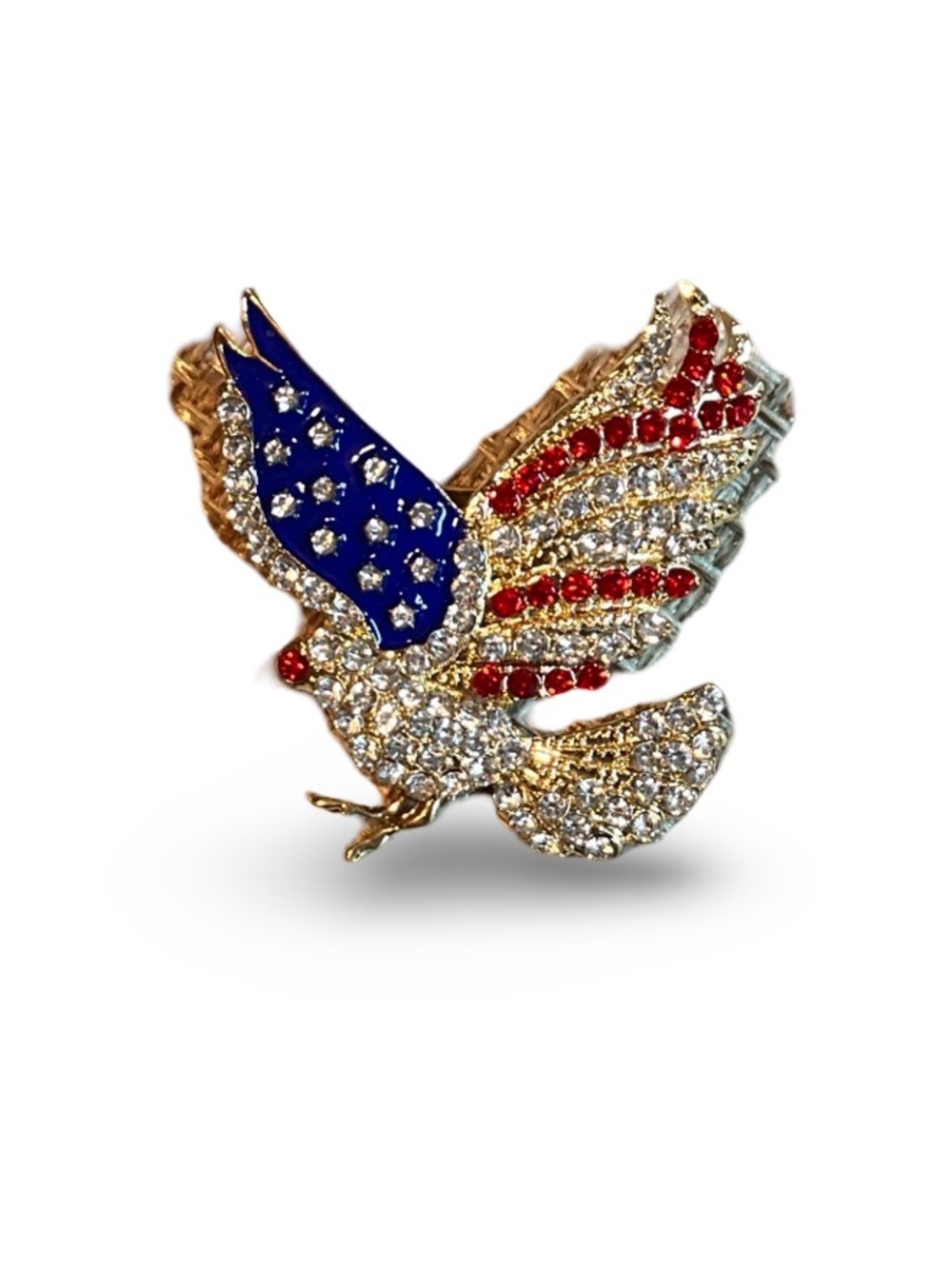 Eagle Brooch NIP,  Patriotic Red, White & Blue gold tone base, 2.5” x 1.5”